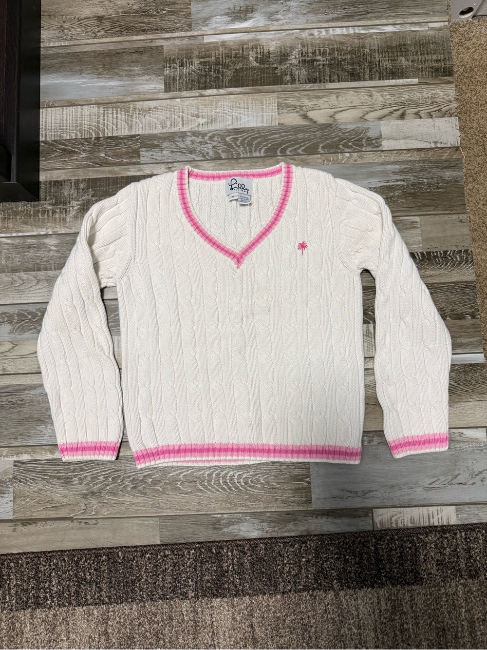 Vintage Lilly Pulitzer White Cable Knit V-Neck Sweater Preppy